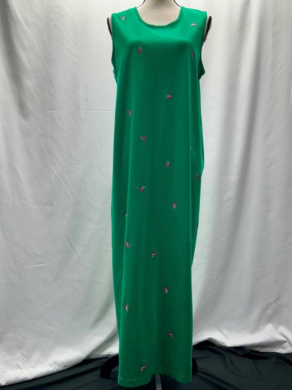Vintage Quacker Factory Green Maxi Dress With Pink Flamingo's Women's Large
